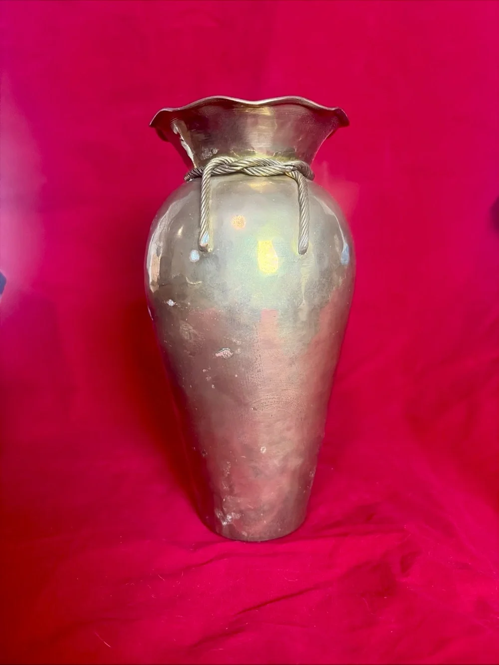 VTG Hammered Brass Vase Rope Twist Accent Wavy Rim Handmade 9